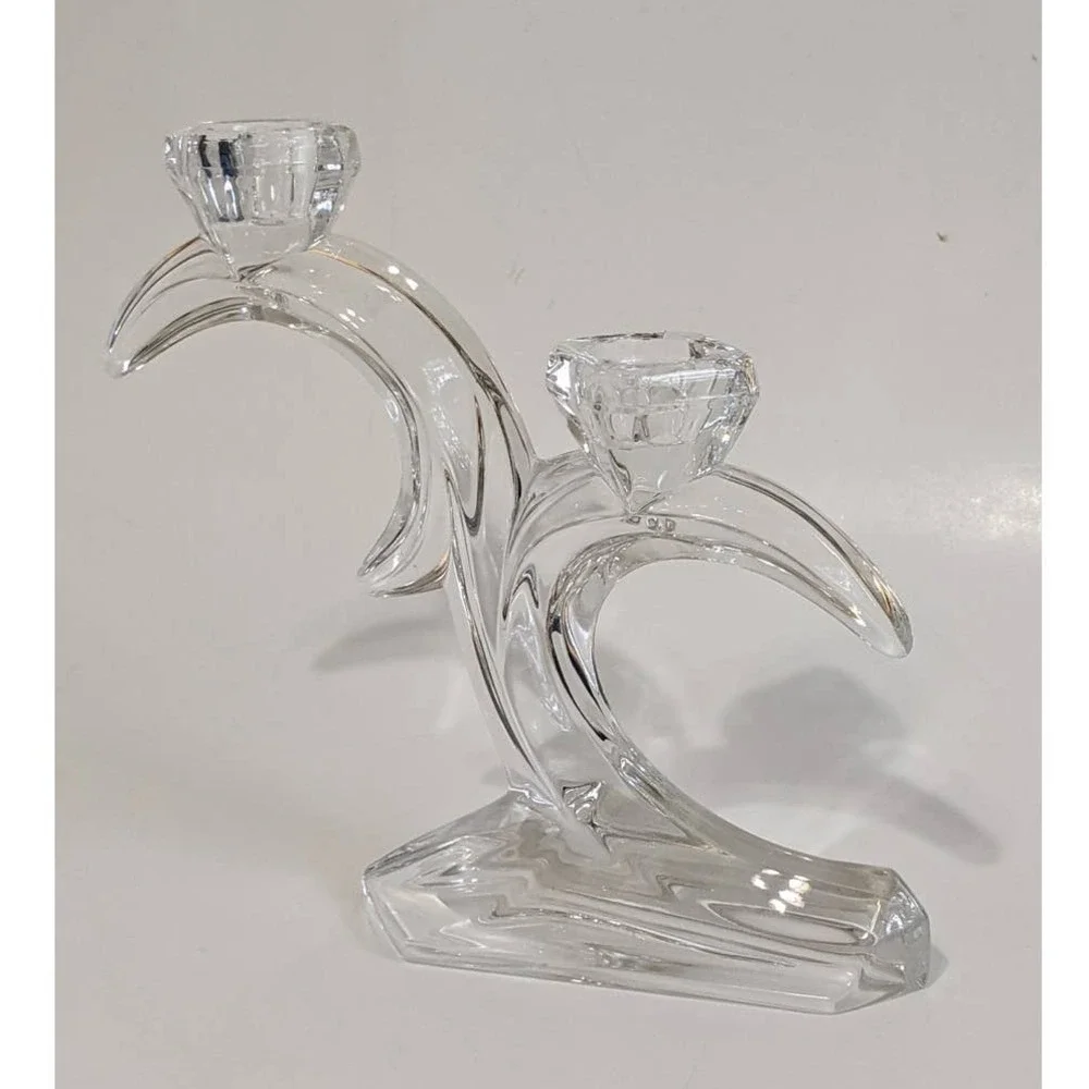 Vintage Crystal Double Candlestick Holder Sculptural Art‎ Deco Style Candelabra